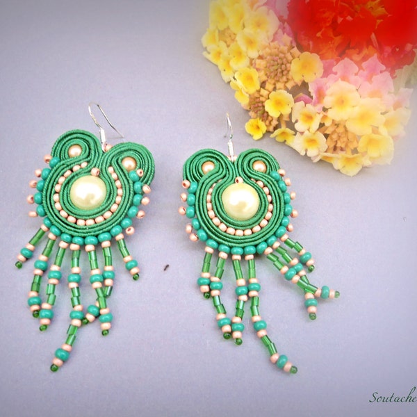 Green tassel soutache earrings, green earrings, pearl earrings, green-salmon earrings, soutache jewelry, boho earrings, short earrings