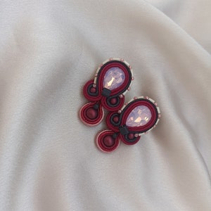 Burgundy pink short Soutache embroidered earrings, Large stud earrings, Pink crystals rhinestone earring, Black Burgundy image 5