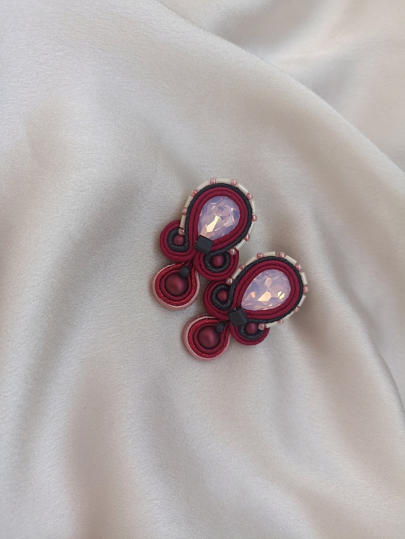 Burgundy pink short Soutache embroidered earrings, Large stud earrings, Pink crystals rhinestone earring, Black Burgundy image 5