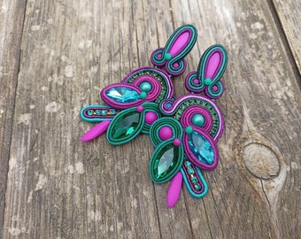 Long Bright Colorful Soutache embroidered earrings, Magenta Emerald Green Earring, Rhinestone Crystals Evening Teal Blue Magenta Earrings