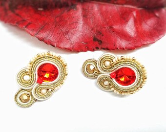 Pendientes Rojo Dorados Pendientes Invitada Boda Pequeños Pendientes Pendientes soutache Pendientes Beige Rojo Pendientes Rojo Coral