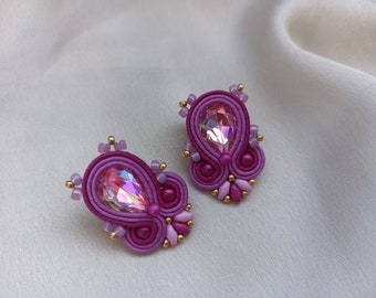 Magenta Purple Soutache large stud Earrings, Mauve Pink Embroidered Earring, Violet Lilac crystals Earring, Prom Evening rhinestone earrings