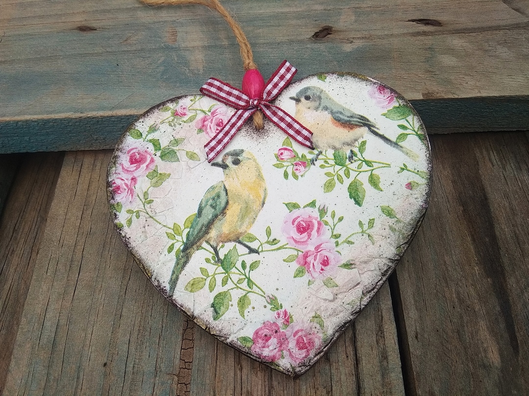 Birds Roses Shabby Chic Heart Ornament, Wood Heart, Romantic Hanging