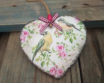 Birds roses shabby chic heart ornament, Wood heart, Romantic hanging decorations, Flowers birds Wooden hanging heart, Heart ornament