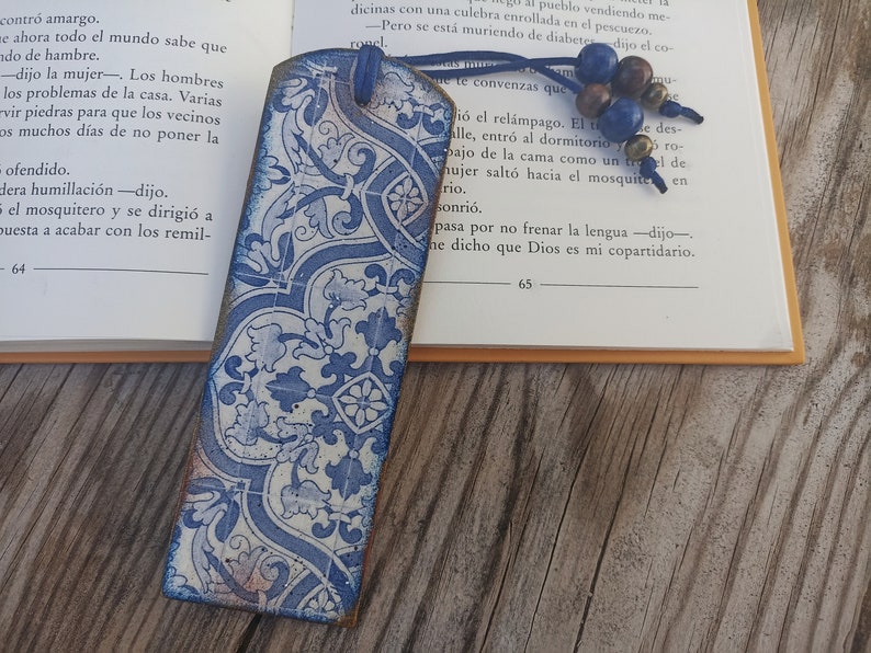 Blue and White tile azulejo bookmark, Wood bookmark, Spanish portuguese tile bookmark, Mediterranean tile, Portuguese tile, Bookish gift image 1
