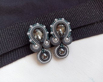 Gray Soutache embroidered earrings, Smokey gray crystals stud earring, Light gray earrings, Evening earring, Dark gray Silver earrings