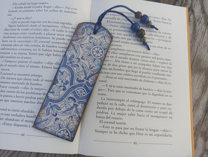 Blue and White tile azulejo bookmark, Wood bookmark, Spanish portuguese tile bookmark, Mediterranean tile, Portuguese tile, Bookish gift image 8