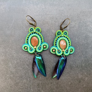 Emerald Lime Green Teal soutache earrings, Real beetle wing long drop earrings, Long Exotic embroidered earring, Tropical bohemian earrings