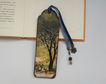 Winter landscape scene Ice skaters bookmark, Wood art bookmark, Jacques Fouquier Winter Scene, Old Flemish painting, Winter bookmark