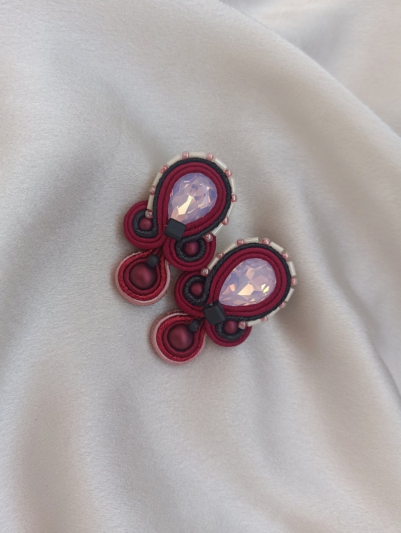 Burgundy pink short Soutache embroidered earrings, Large stud earrings, Pink crystals rhinestone earring, Black Burgundy image 1