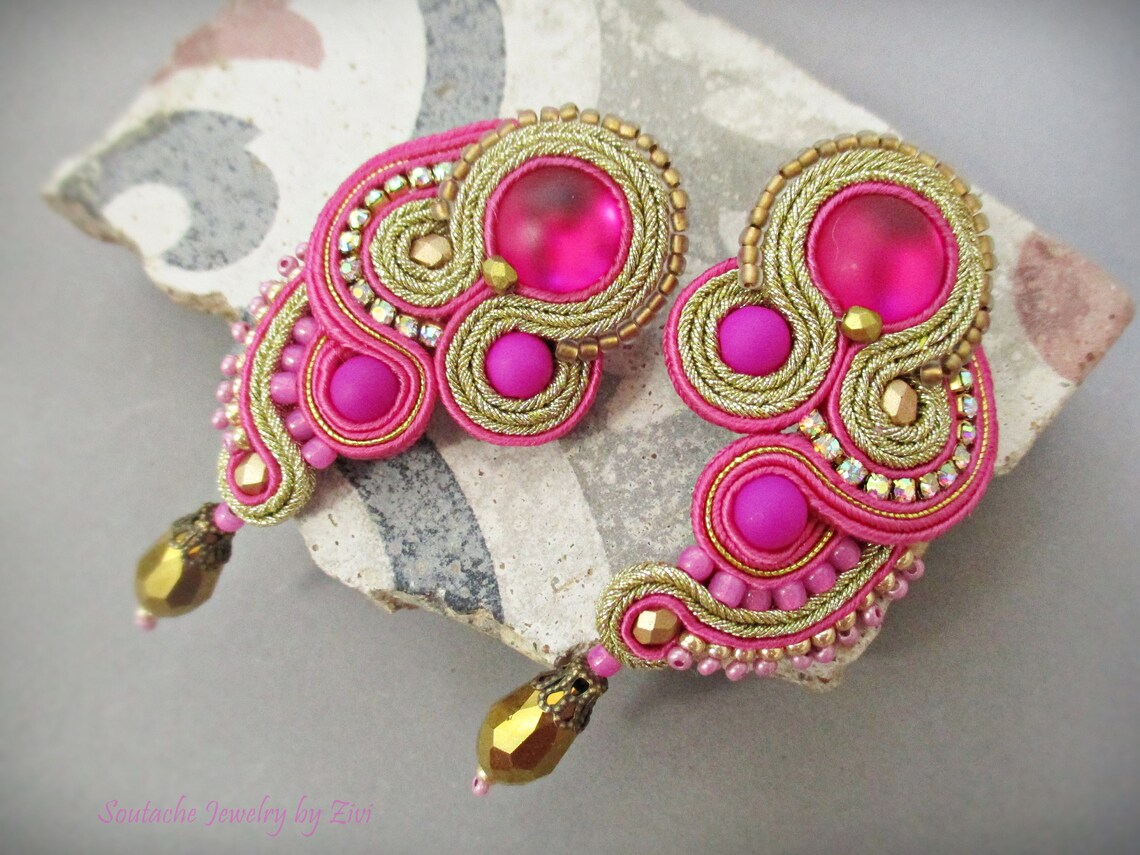 Pendientes Soutache Fucsia Dorado Pendientes Invitada Boda Etsy