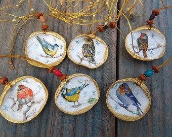 Ornamento per uccelli di Natale, ornamento di conchiglia, ornamento per albero di Natale, set di 6 ornamenti, pettirosso, ornamento di conchiglia, decorazioni per uccelli