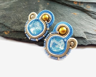 Blue Crystal Stud Earring, Serenity Blue Earring, Square Crystal Earrin, Soutache earring, Almond brown aztec gold, Cocktail Clip On Earring