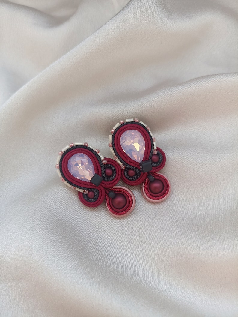 Burgundy pink short Soutache embroidered earrings, Large stud earrings, Pink crystals rhinestone earring, Black Burgundy image 2