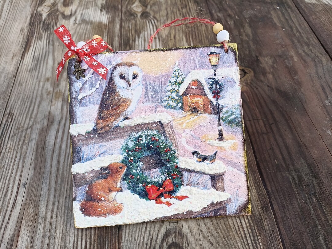 Owl Christmas Wooden Wall Sign, Squirrel Christmas Wall Hanging Plaque