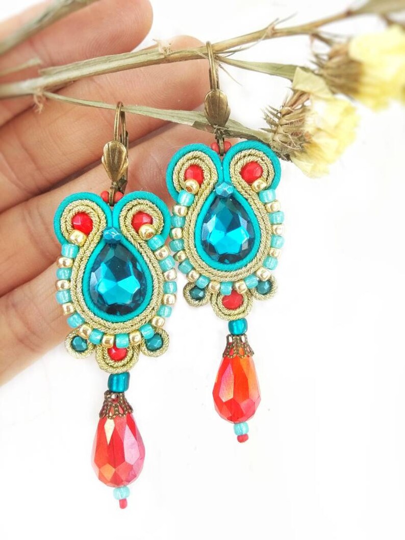 Blue Red Gold Dangle Drop Soutache Earring Moroccan Style | Etsy