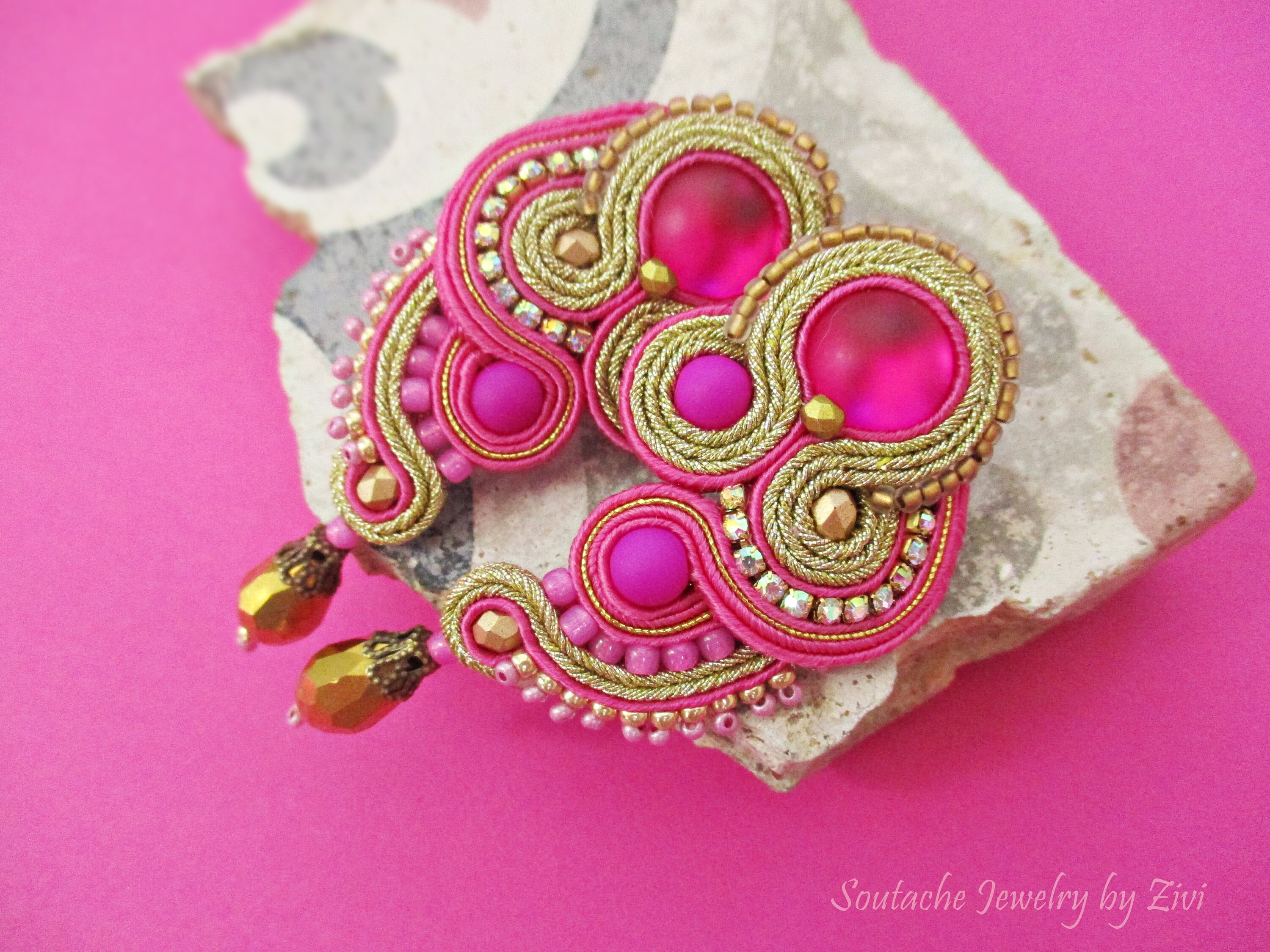 Pendientes Soutache Fucsia Dorado Pendientes Invitada Boda Etsy