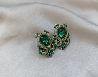 Emerald green Soutache large stud earrings, Gold and emerald embroidered earring, Dark green taupe crystals earring, Prom rhinestone earring