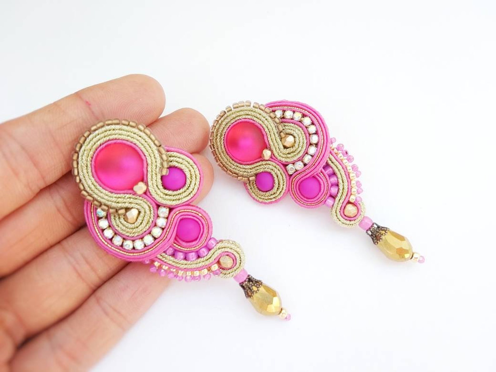 Pendientes Soutache Fucsia Dorado Pendientes Invitada Boda Etsy