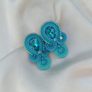 Turquoise Soutache earrings, Teal blue turquoise crystals  embroidered earring, Prom evening blue earring, Short rhinestone earrings