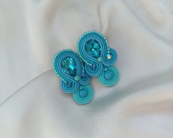 Turquoise Soutache earrings, Teal blue turquoise crystals  embroidered earring, Prom evening blue earring, Short rhinestone earrings