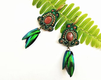 Emerald green soutache earrings, Real beetle wing earrings, Exotic embroidered earring, Long elfin earring, Tropical bohemian earrings