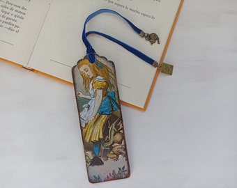 Alice in Wonderland bookmark, Wood Alice's adventures bookmark,  Bookish gift, Blue velvet ribbon, Literature gift