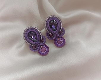 Dark Purple large stud crystals earrings, Dark violet Soutache embroidered earring, Prom evening purple earring, Short rhinestone earring