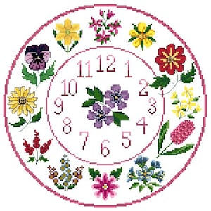 Gráfico de reloj de flores de punto de cruz (Patrón No 3)