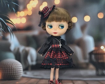 Blythe Doll Outfit gothic punk dress set red tartan