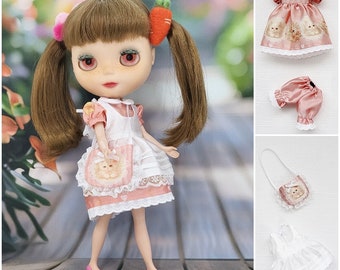 Blythe Doll Outfit cats pink dress apron set