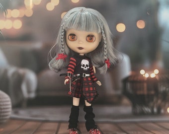 Blythe Doll Outfit set punk con teschio a strisce rosse rosso