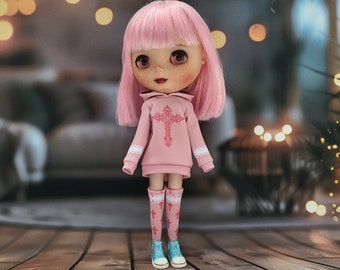 blythe clothes, Top hoodie pink cross