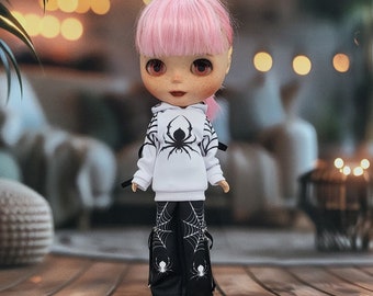 Blythe Doll Outfit spider ribbon hoodie set white