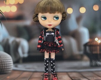 Blythe Doll Outfit red skull punk set red check