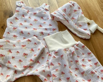 Baby Set Musselin mitwachsend Glückspilz creme Gr.62/68 Romper Mütze Halstuch Hose