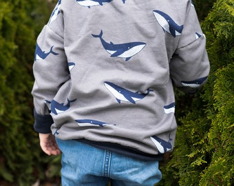 Sweatshirt whales grey kids baby growing sweater basic size selection personalized