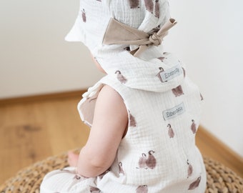 Baby set muslin growing with penguins cream choice of sizes romper scarf trousers