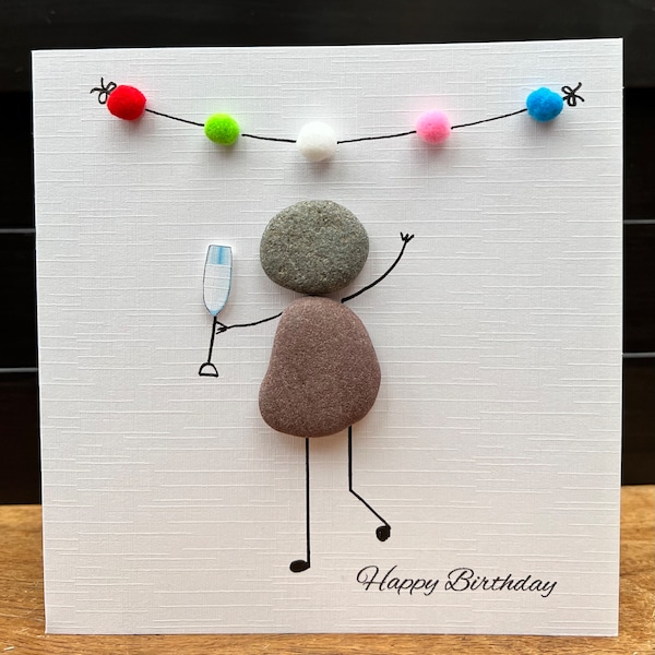 Happy Birthday Pebble Art Card Pom Pom Bunting