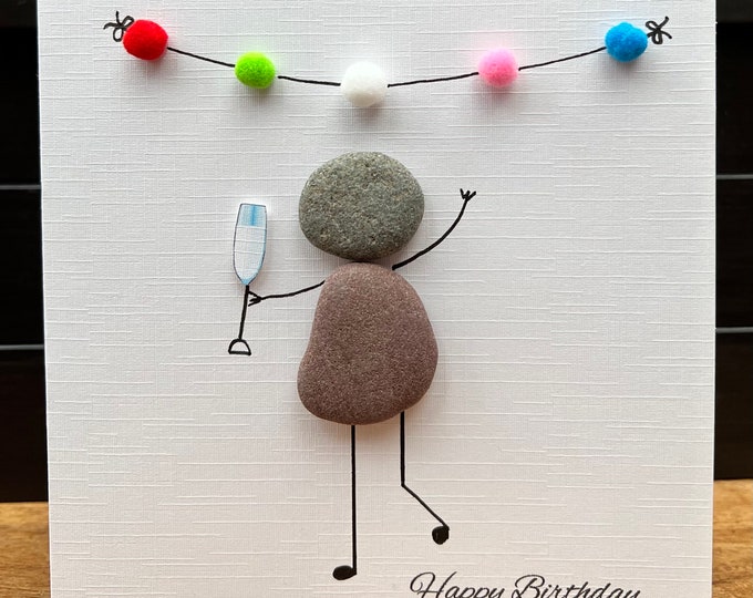 Happy Birthday Pebble Art Card Pom Pom Bunting