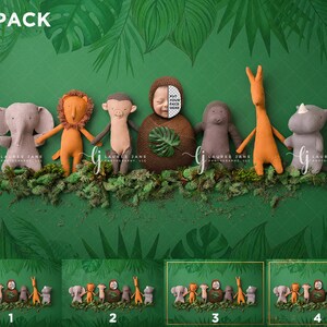 May include: A set of four digital backgrounds featuring a jungle scene with stuffed animals, including an elephant, lion, monkey, giraffe, and rhinoceros. The backgrounds are perfect for newborn photography.