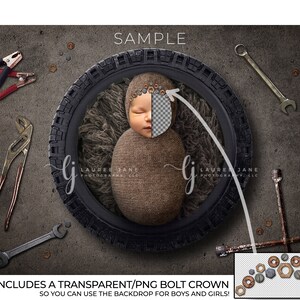 May include: A newborn baby is lying in a tire-shaped backdrop with a brown fur-like material. The baby is wearing a brown fabric swaddle and a crown made of bolts. The crown is transparent and can be used for boys or girls.