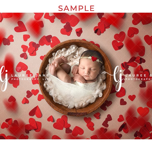 Valentine's Day Newborn digital backdrop love heart red kiss craft wood bowl fluff background composite download girl boy