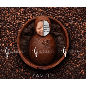 May include: A newborn baby swaddled in brown fabric is lying in a wooden bowl filled with coffee beans. The baby's face is obscured by a white circle with the text "PUT YOUR FACE HERE".