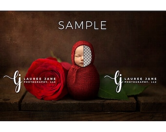 Newborn digital background valentine rose wrapped unique floral red wood face hole wrap swap png backdrop composite girl