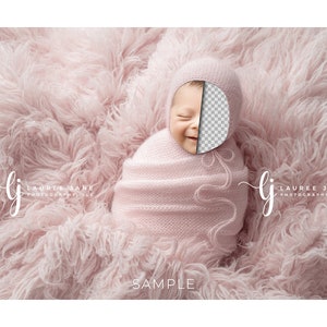 Newborn digital backdrop background flokati wrap sack pastel pink rose bonnet dusty cute transparent png pop unique composite download girl