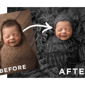 May include: A before and after image showing a baby swaddled in a brown fabric on a wooden surface, then swaddled in a gray fabric on a gray fuzzy surface. The baby is sleeping with their eyes closed and has a small smile on their face.