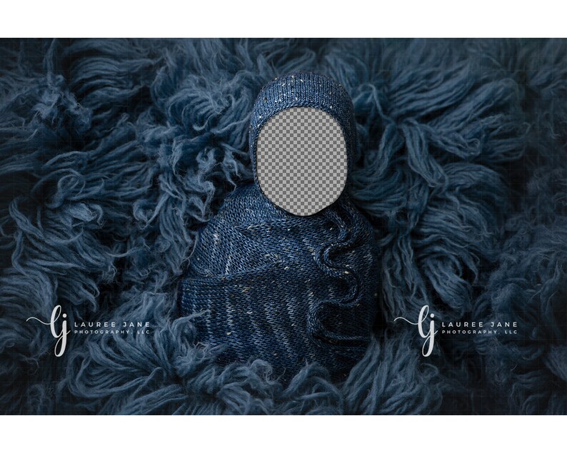 May include: A blue knitted baby wrap with a sparkly texture, perfect for newborn photography. The wrap is placed on a blue fluffy background.