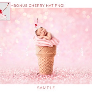 Ice cream cone +BONUS HAT newborn digital backdrop cherry pink glitter sprinkle sweet candy JPG overlay girly background composite girl