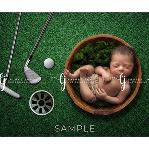 Golf newborn digital backdrop background club putter ball tee USA America American green sport athlete player unique game download boy girl